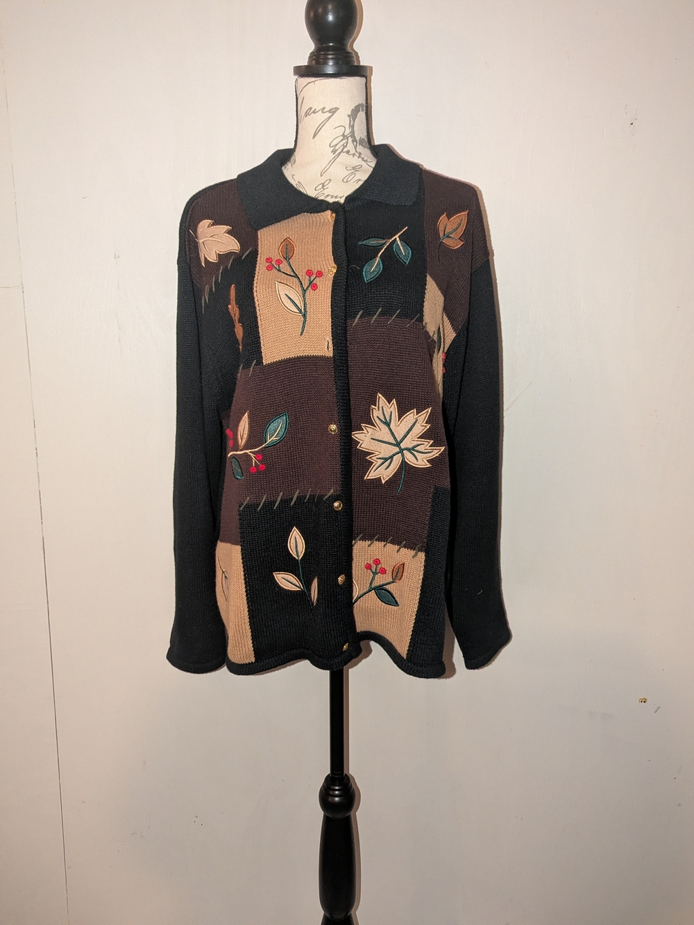 Vtg Anthony Richards Autumn Leaf Patchwork Cardigan Sweater Plus Size 1X Fall